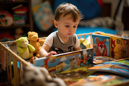 An adorable baby is sitting in a cat surrounded by a variety of colorful toys and educational books, engaged in playful and educational activities during playtime, showing curiosity and exploration.の素材