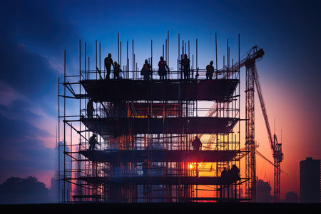 A group of dynamic construction workers is silhouetted against the brilliant backdrop of a modern, vibrant skyscraper, producing a visually compelling image of industrial urban development.の素材