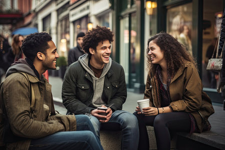 A lively and bustling city scene, showcasing a diverse and energetic group of young people interacting in the vibrant urban environment, exemplifying the active city life.の素材