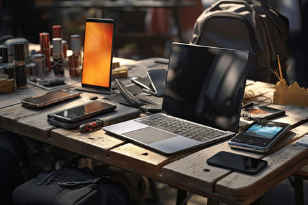 A variety of sleek, modern gadgets and smartphones set against an urban backdrop. These cutting-edge devices feature innovative design and functionality, ideal for technology and lifestyle concepts.の素材