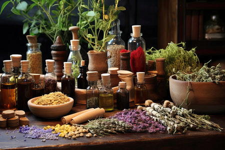 Capture the essence of holistic wellness with this image, showcasing herbal medicine, aromatherapy, yoga, and meditation to promote well-being and tranquility.の素材