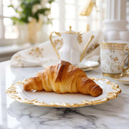 Indulge in the elegance of a French croissant on a vintage plate, beautifully capturing the artistic style of jean bの素材