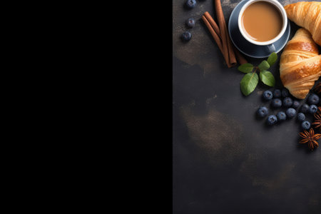 A beautiful morning breakfast setup with a freshly baked croissant, a steaming cup of coffee, and an assortment of fresh fruits on a table. There is also ample space for custom text overlay.の素材
