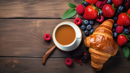 A mouthwatering spread of a freshly baked croissant, a cup of hot coffee, and a colorful array of fresh fruits, perfect for starting the day right. Ample copy space provided.の素材