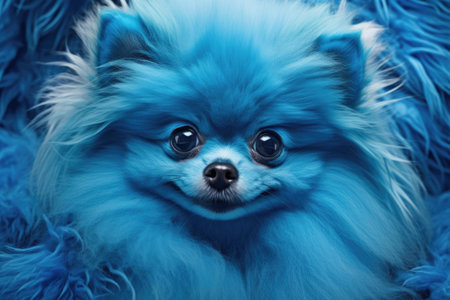 Boasting a striking and lush blue color reminiscent of the beloved smurf style, this enchanting pomeranian dog captures attention with its endearing and unique appearance in this delightful portrait.の素材