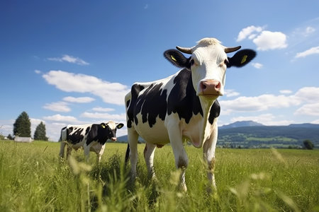 A tranquil and picturesque rural landscape featuring a lone cow standing in a lush, bright green field under the warm midday sun, creating a serene and calming scene.の素材