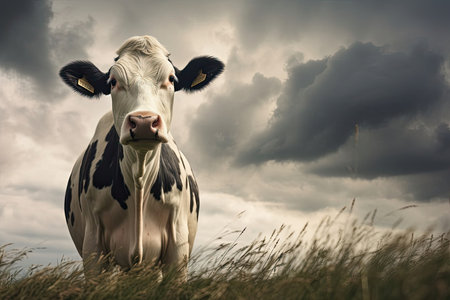 A picturesque countryside landscape with a peaceful, tranquil scene of a cow grazing in a lush meadow under cloudy, rainy skies, creating a serene ambiance.の素材