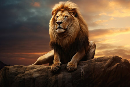 A powerful and impressive lion with a mesmerizing mane sitting majestically on a massive rock at dusk, illuminated by striking lighting, showcasing its grandeur in the wild.の素材