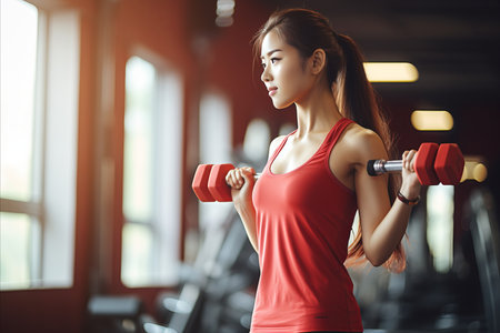 Female bodybuilder executing intense bicep curls with heavy dumbbells at the well-equipped gymの素材