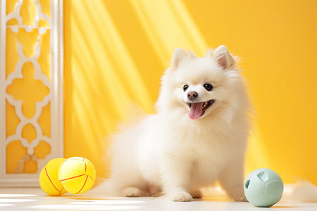 An adorable white Spitz dog is seen playing with a toy in front of a soft yellow wall, showing a lively and endearing expression, creating a charming and heartwarming scene.の素材