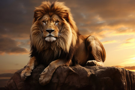 A powerful and majestic lion with a beautiful mane sits on a massive rock, exuding strength and grandeur. The striking lighting emphasizes the mane, creating a scene of captivating contrast.の素材