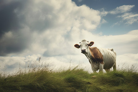 Scenic view of a peaceful rainy day with a cow peacefully grazing under dense clouds in lush green fields. The tranquil atmosphere is captured in this serene countryside landscape.の素材