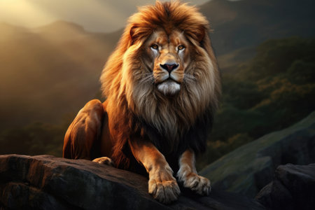 Powerful lion with stunning, majestic mane exudes strength and grandeur while sitting on a massive rock. The striking lighting emphasizes the mane, creating a captivating contrast.の素材