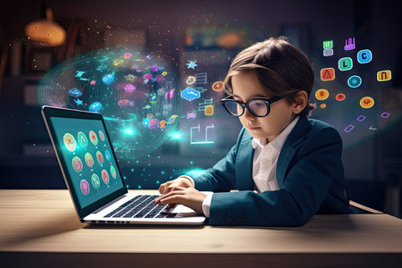 A young child immersed in a modern educational program on a tablet or laptop, focusing and engaging with the digital learning content, representing modern education and technology in the classroom.の素材