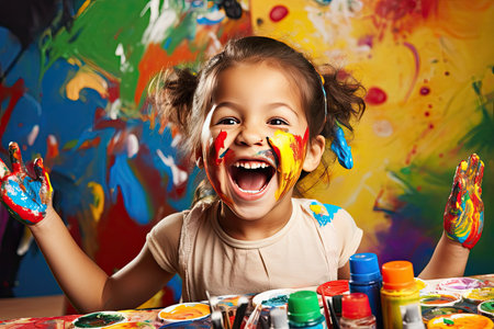 A group of children are happily engaged in drawing, coloring, and sculpting. The vibrant and creative art play is captured with bright expressions and cheerful interactions.の素材