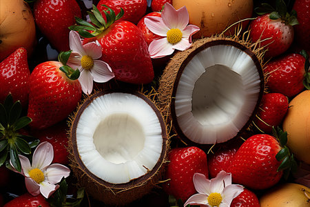 Fruitful Fusion. Eclectic Pattern of Strawberries and Coconuts on a Striking Backgroundの素材
