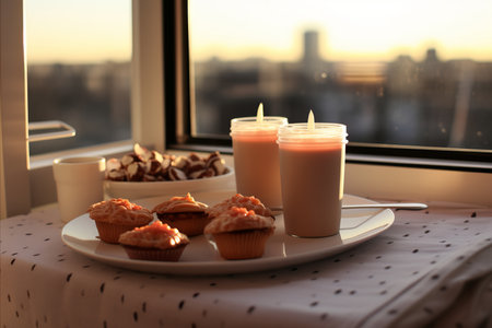 Romantic Morning Gestures. One Partner Lovingly Prepares and Serves Breakfast in Bedの素材