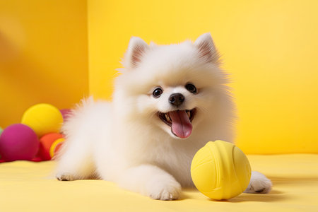 A happy and cheerful white Spitz dog is having a great time playing with a toy on a soft yellow wall, showing pure joy and excitement in a bright and playful environment.の素材