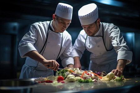 A group of talented culinary specialists showcasing their expertise and passion for gastronomy as they skillfully prepare and cook a variety of delicious seafood dishes.の素材