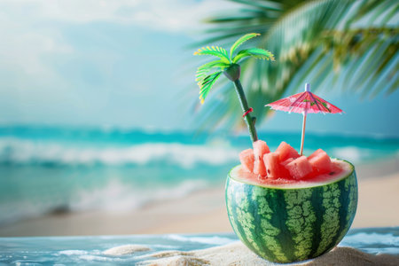 A watermelon filled with juicy watermelon slices and an umbrella on a sandy beach under a clear blue sky, surrounded by natural foods and treesの写真素材
