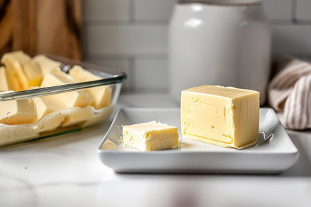 A piece of butter is placed on a white plate, ready to be used as an ingredient in a delicious recipe. The tableware is set for a gourmet cuisine dish with Gruyre cheeseの写真素材
