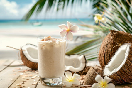 A glass of coconut milk sits on a wooden table surrounded by coconuts and flowers, blending natures ingredients with a touch of liquid refreshmentの写真素材