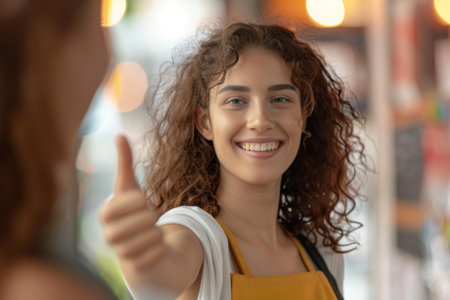 A blond woman with a big smile and raised eyebrow is showing a thumbs up gesture, indicating she is happy and having fun while traveling to an eventの写真素材