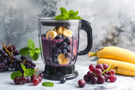 A blender filled with a mix of blueberries, bananas, and grapes to create a delicious and nutritious fruit smoothieの写真素材