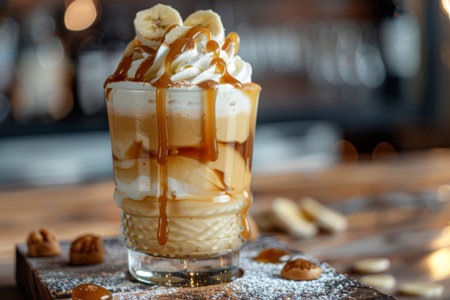 A close up of a delectable dessert in a glass on a wooden table, featuring a mixture of baked goods, ice cream, and other ingredients beautifully presented in a dishの写真素材
