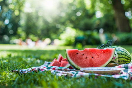 A Citrullus plant fruit, Watermelon, sits on grassy picnic blanketの写真素材