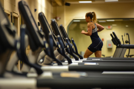 Female in sportswear dances on treadmill for physical fitnessの写真素材