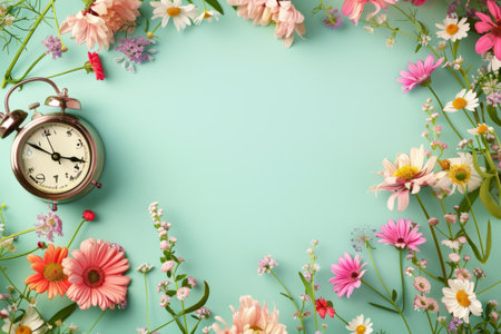 A clock sits amidst pink flowers on a blue backgroundの写真素材