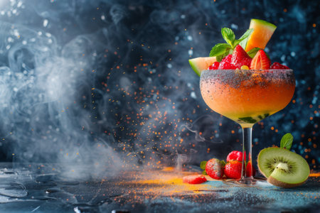 Cosmopolitan fruit salad in martini glass with smoky effectの写真素材