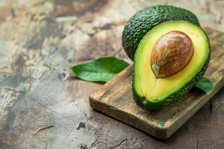 Terrestrial plant avocado cut on wooden board, natural produce foodの写真素材