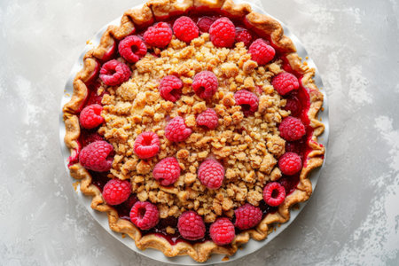 Delicious raspberry pie with crumb topping displayed on a tableの写真素材