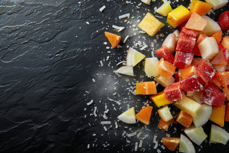 Close up of chopped fruits on black surface. Ingredients for a colorful saladの写真素材