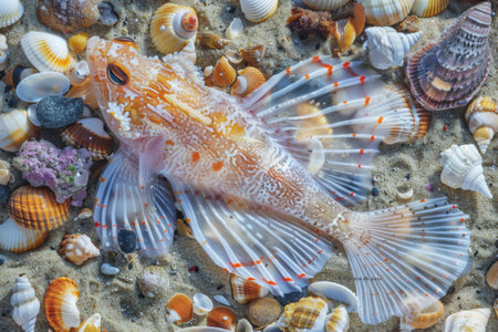 A colorful fish resting among seashells on a sandy shore at low tideの写真素材
