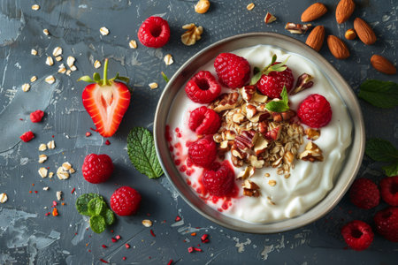 Delicious yogurt bowl with fresh raspberries and almonds on a textured gray surfaceの写真素材