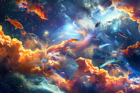 Cosmic ocean teeming with vibrant fish swimming through colorful stellar cloudsの写真素材
