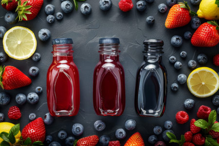 Refreshing berry and citrus drinks displayed with fresh fruits on a textured surface