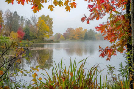 Serene autumn reflections by the misty lakeside in a vibrant forestの写真素材