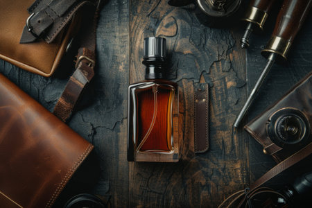 Elegant fragrance bottle surrounded by leather accessories and tools on a rustic wooden surfaceの写真素材