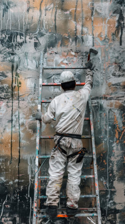 An artist transforms a wall with vibrant paint strokes while perched on a sturdy ladderの写真素材