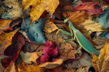 A vibrant praying mantis camouflaged among colorful autumn leavesの写真素材