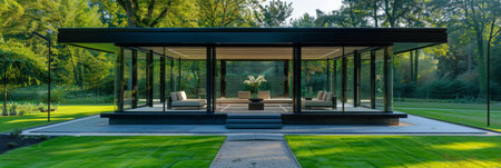 Modern glass pavilion surrounded by lush greenery in early morning lightの写真素材