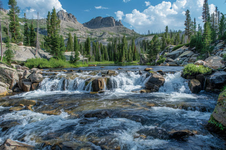 Gentle stream cascades over rocks in vibrant mountain landscape on a sunny dayの写真素材