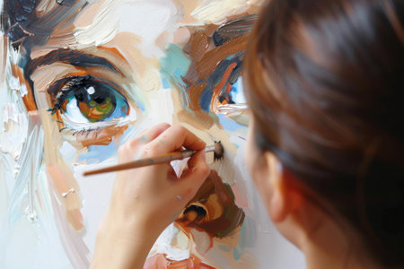 Using a brush, a woman is creating a portrait of a womans face, focusing on details like nose, eyelash, mouth, jaw, iris, eye shadow, and eye linerの素材