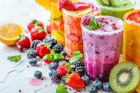 An assortment of fruit smoothies made with natural ingredients is displayed on a table. The colorful drinks range from Rangpur to superfood blendsの素材