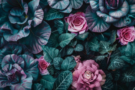 A vibrant display of pink roses, accented by lush green leaves. The combination of colors creates a beautiful pattern in this flowering plant artの素材