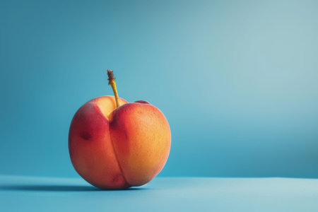 A red apple, a staple food and natural produce, with a yellow stem, sits on an electric blue table. This seedless fruit is a delicious and nutritious ingredientの素材